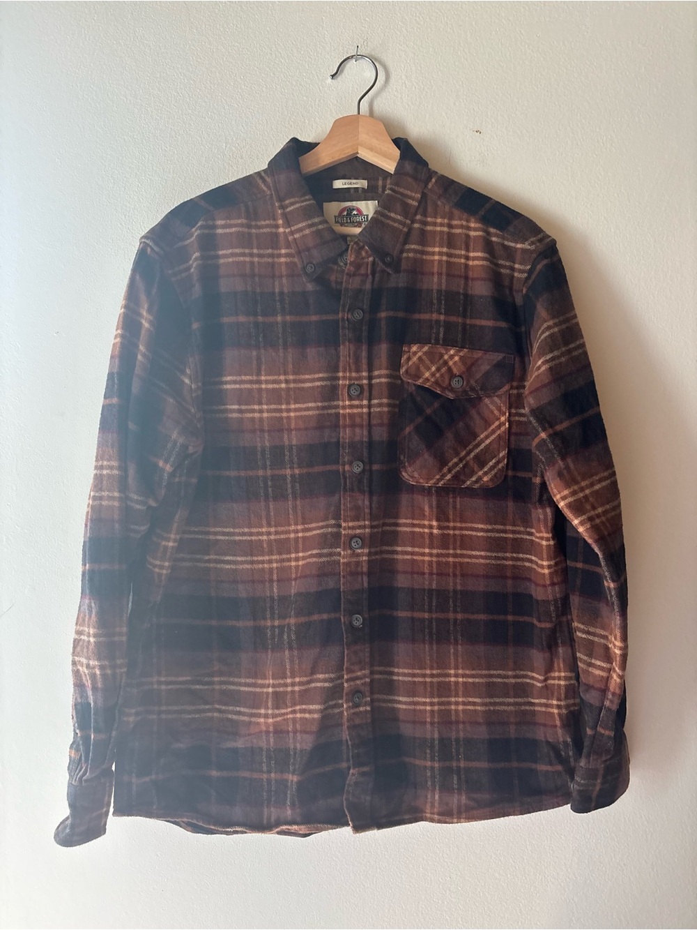 Field & Forest Legend Mens Flannel Shirt L Brown Plaid Long Sleeve Button Up